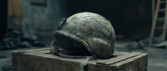 Abandoned helmet, war zone, rubble background, loss concept