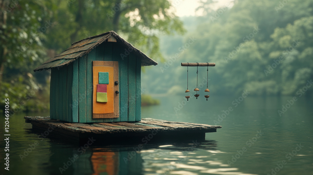 Poster a whimsical claymation scene featuring a floating cabin adorned with a wind chime, showcasing high f