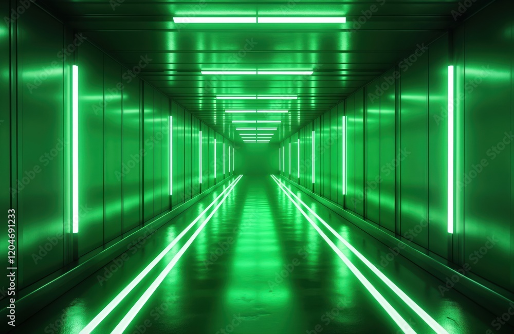 Poster empty futuristic corridor glows with neon green lights. modern design with metallic walls, floor ref