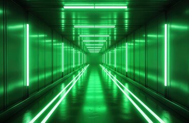 Fototapeta premium Empty futuristic corridor glows with neon green lights. Modern design with metallic walls, floor reflects vibrant light. Perspective extends into dark space. Interior architectural design evokes