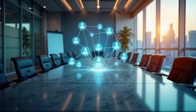 Boardroom setting shows digital network of connected people. Meeting governance icons on table. Business teamwork, management concept. Modern company setting. Directors, consultants buy photo for