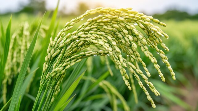 Lush Green Rice Plant with Ripening Panicles in a Sunlit Agricultural Field, Showcasing Nature's Bounty and the Beauty of Rural Farming Practices