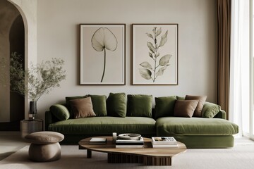 Modern Living Room Interior with Green Velvet Sofa and Botanical Art Prints