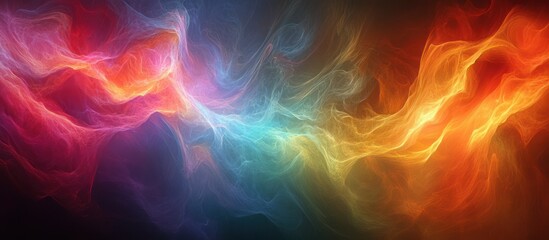 Abstract colorful smoke swirls, vibrant red, orange, blue, and purple hues blend together in a dynamic, flowing motion.
