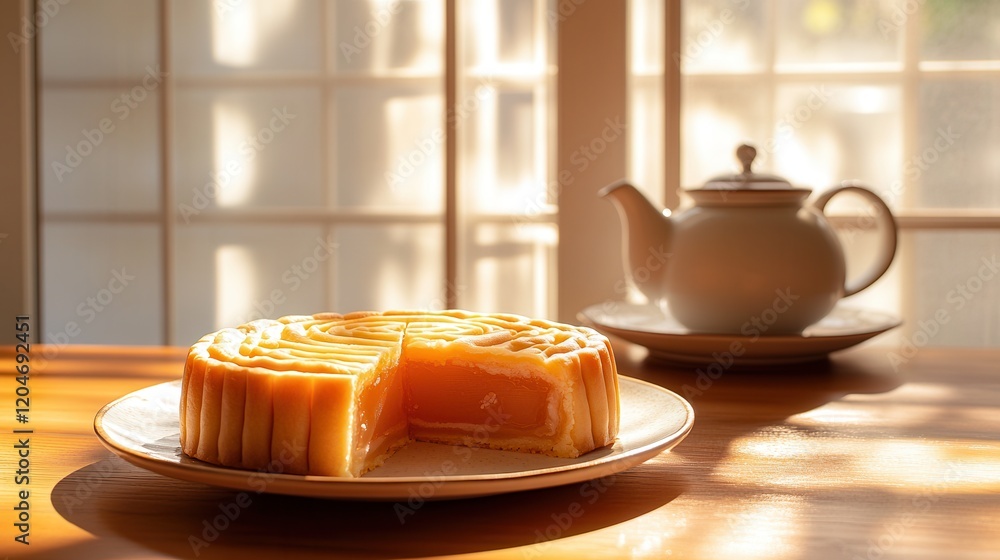 Poster delicious mooncake placed on a wooden table with soft light filtering through a window, accompanied 