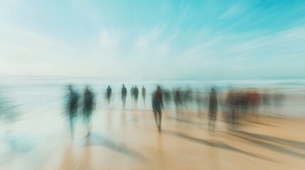 Blurry Figures Walking Along A Sandy Beach
