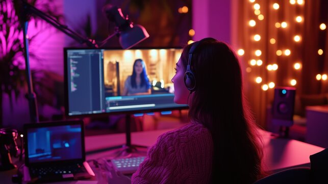 Female streamer broadcasting video game live in dark room with neon lights and professional microphone setup