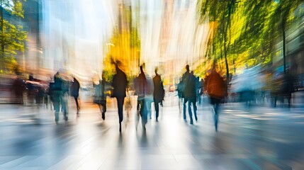 Obraz premium Blurry City Street People Walking Amidst Buildings and Trees