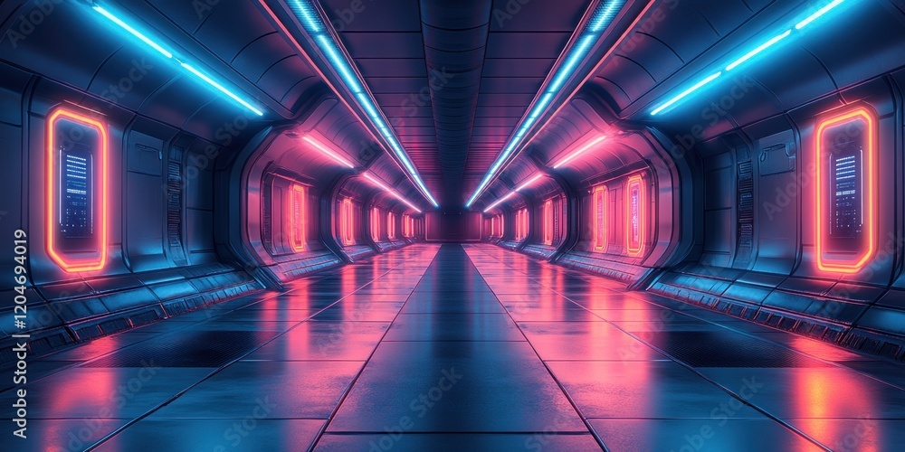 Poster Futuristic Neon Corridor Cyberpunk Design Glowing Abstract Architecture Empty Industrial Tunnel 3D Rendering