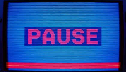 A retro TV screen texture featuring glitch text reading PAUSE, with HDTV no-signal noise, motion background lines, and distortion
