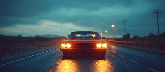 Night Drive: Classic Car on a Wet Road