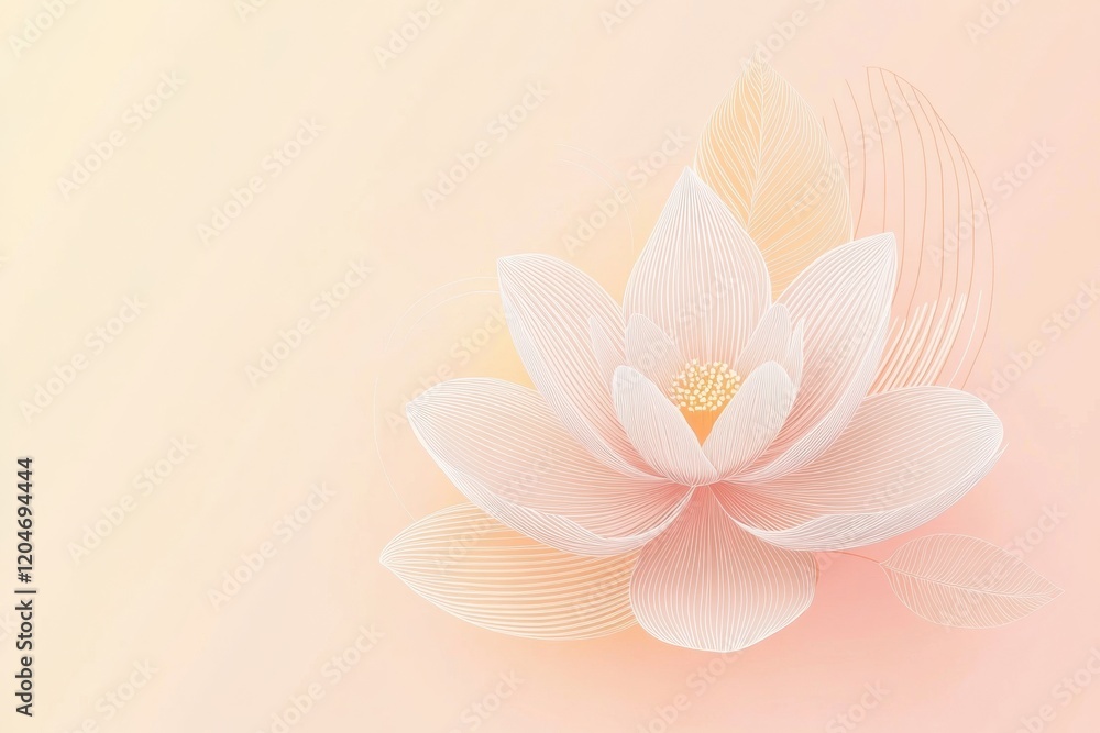Poster beautiful digital illustration of a white lotus flower on a soft pastel background with elegant line