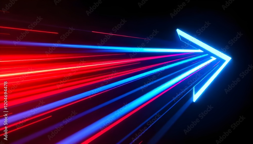 Aufkleber an abstract arrow shape created by vibrant red and blue light streaks, set against a dark background