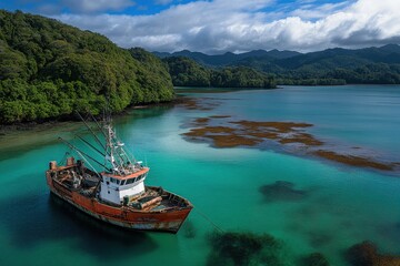 Rustic Fishing Boat Anchored in Stunning Tropical Waters Surrounded by Lush Green Forest and Dramatic Mountain Landscape Under a Bright Blue Sky