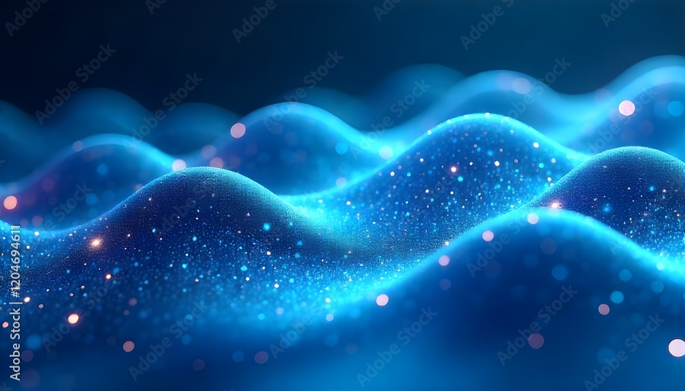 Poster an abstract composition of cool-toned iridescent waves, resembling a digital data flow
