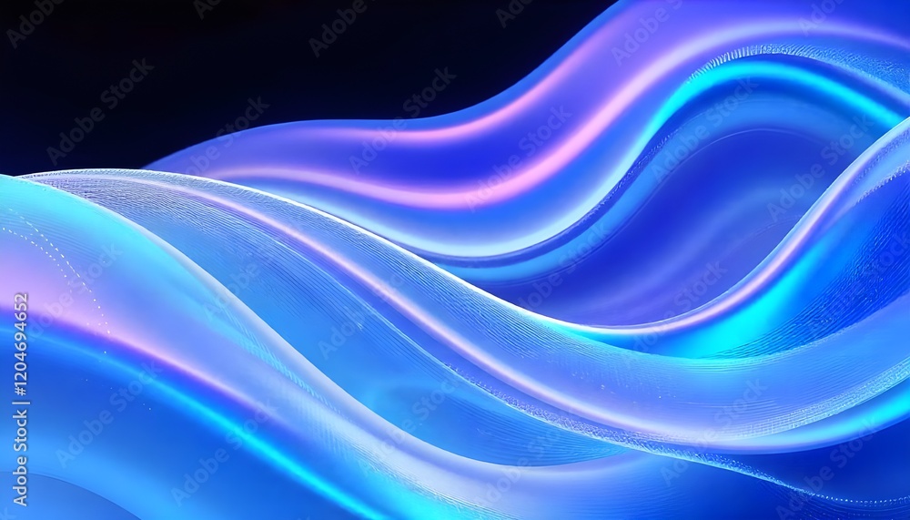 Poster an abstract composition of cool-toned iridescent waves, resembling a digital data flow