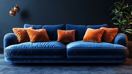 Luxurious Blue Velvet Sofa with Orange Pillows in a Modern Interior