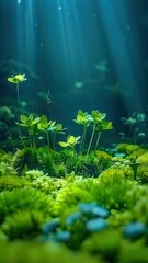 Fototapeta premium A serene underwater scene featuring vibrant green plants illuminated by rays of sunlight filtering through the water.