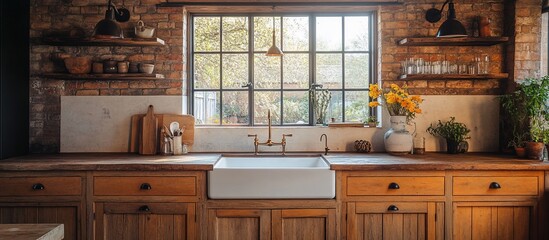Rustic Farmhouse Kitchen with Wooden Cabinets and Large Window