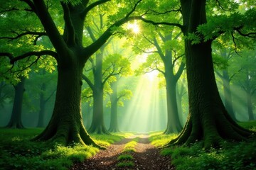 Towering trees with moss-draped canopies, sunlight filtering through, sunlight, foliage