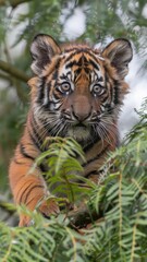 Obraz premium A close-up of a young tiger peeking through lush green foliage, showcasing its striking orange and black stripes and curious expression.