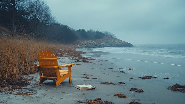 Solitude by the Sea: A Serene Beachscape with Adirondack Chair and Book