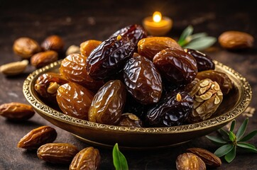 Close-up of assorted dried dates, showcasing their rich, glossy textures and natural wrinkles. A mix of golden brown and dark varieties, with a shelled nut in focus, arranged on a reflective golden su