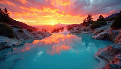 Naklejka premium Turquoise waters of hot springs pool at sunset, sunset colors, geothermal