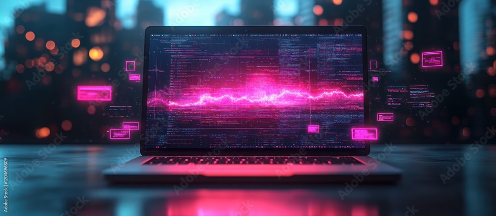Poster laptop displaying glowing data stream graph at night.