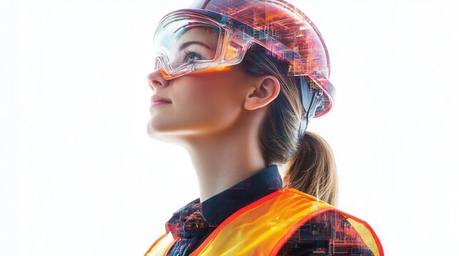Engineer in Reflective Vest and Helmet in Double Exposure with Factory Visuals Against Plain White Background for Stock Photo Use