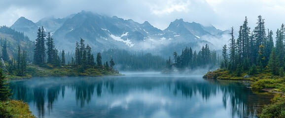 Misty mountain lake reflecting serene scenery.