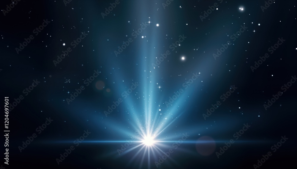 Poster bright light explosion fills dark space. light beams radiate outwards from central point. glittering