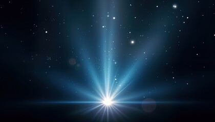 Fototapeta premium Bright light explosion fills dark space. Light beams radiate outwards from central point. Glittering particles, lens flare effects add dynamic energy. Abstract illustration perfect for banners,