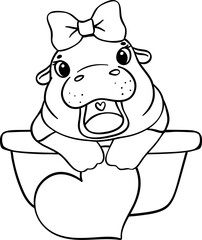 Girly Valentine Pygmy Hippo in bathtub with heart Coloring image