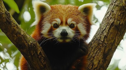 Adorable red panda sitting on a tree branch.
