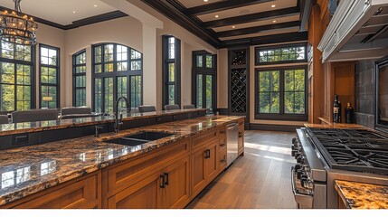 Luxurious Kitchen with Expansive Windows and Granite Countertops