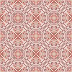 Elegant Vintage Damask Pattern in Pink and Beige Tones for Timeless Decorative Design.