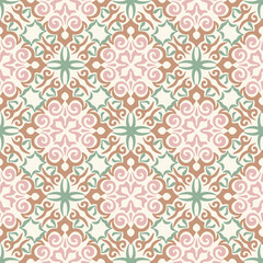 Seamless Vintage Damask Tile Pattern with Pink, Green, and Beige Ornamental Design.