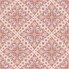 Elegant Vintage Damask Pattern in Pink and Beige Tones for Timeless Decorative Design.