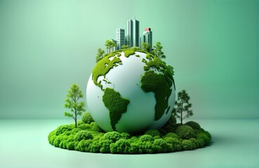 Eco friendly world globe surrounded by rich green vegetation. Modern buildings nestled on globe suggesting sustainable development. Concept of environmentally sustainable future shown. Global eco