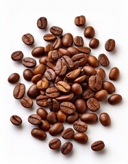 Fototapeta premium Roasted coffee beans scattered on a white background.