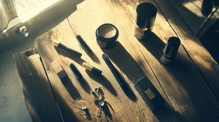 Flat Lay Illustration of Beauty Products and Jewelry on a Wooden Table Under Bright Lighting for Aesthetic Displays and Marketing Use