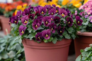 Naklejka premium A vibrant pot of purple pansies surrounded by colorful blooms, adding charm and beauty to any garden setting.