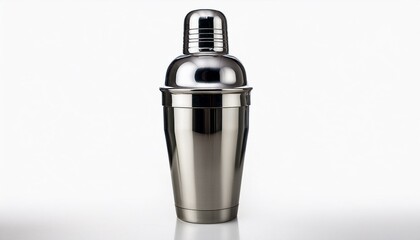 Sleek, metallic cocktail shaker on white background.