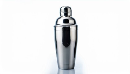 Sleek metallic cocktail shaker on white background.