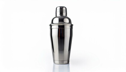 Sleek metallic cocktail shaker on white background.