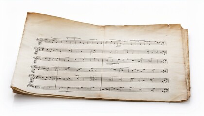 Naklejka premium Aged sheet music rests on a white background.