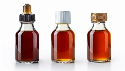 Three amber glass bottles with different caps.