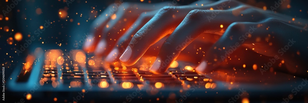 Poster search engine optimization and technology browsing woman typing on laptop computer in modern office