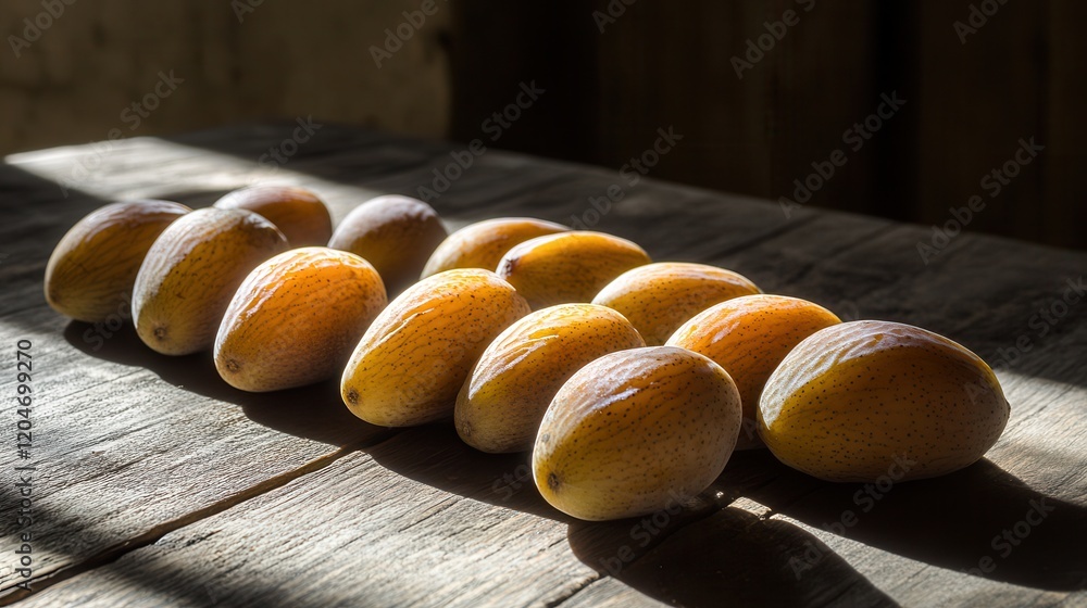 Aufkleber fresh dates displayed on a wooden table with ample natural light and a blurred background for an inv